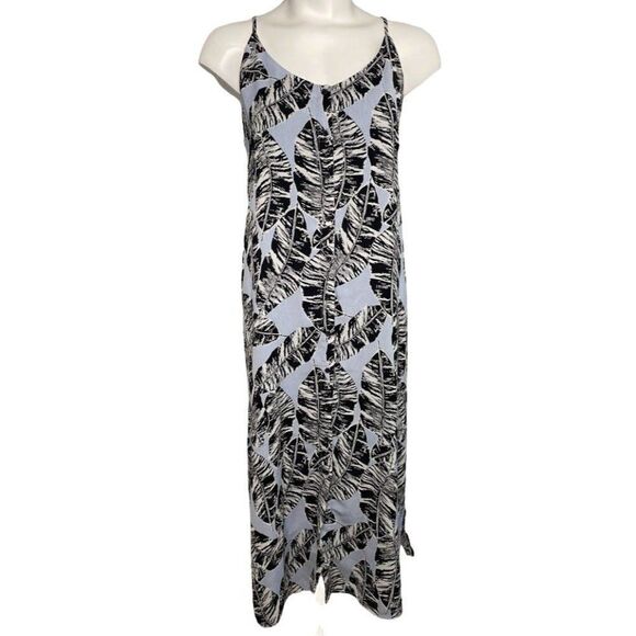 Olive & Oak Blue Black White Leaf‎ Print Shift Maxi Dress Sz Large - Picture 1 of 11